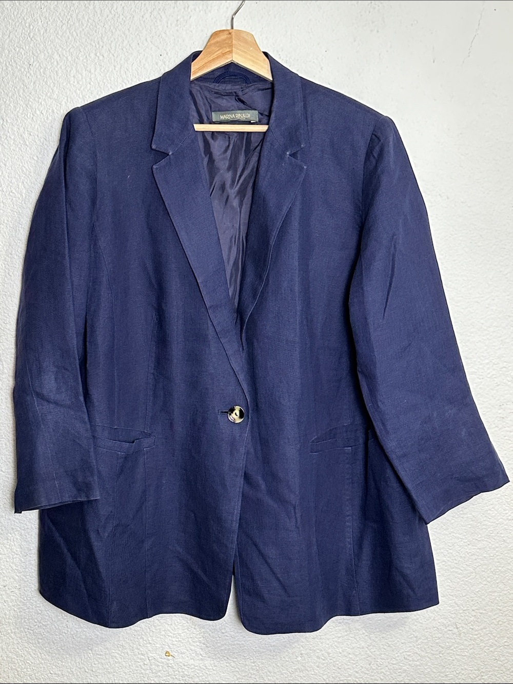 Marina Rinaldi Navy‎ Linen Blazer Jacket Womens 29/US 20 Padded Shoulders Career